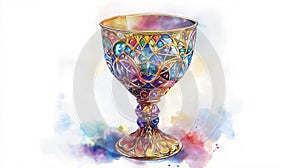 Digital watercolor elegant vintage chalice, craft from silver, feature intricate design, sophisticate finish, rich liquid, photo