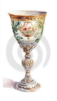 Digital watercolor elegant vintage chalice, craft from silver, feature intricate design, sophisticate finish, rich liquid, photo