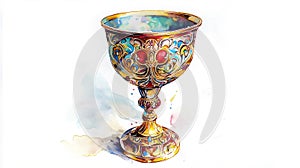 Digital watercolor elegant vintage chalice, craft from silver, feature intricate design, sophisticate finish, rich liquid, photo