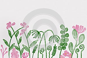 Digital watercolor of green leaves and pink flower branch,illustration.
