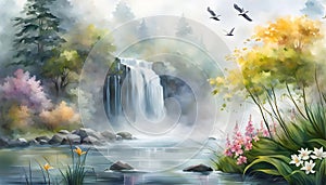 Digital watercolor illustration of a foggy morning with a river, flowers, branches photo