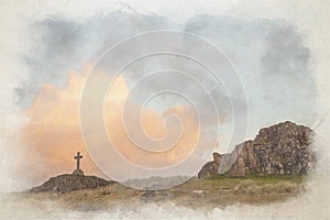 A digital watercolor of the Llanddwyn island cross