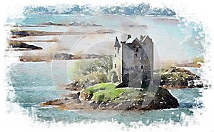 Watercolor of a castle surrounded by water photo