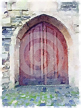 Digital watercolor of an old wooden cathedral door