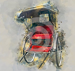 Digital watercolor painting of beautiful image view of japanese Rickshaw in Tokyo