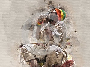 Digital watercolor painting of Beautiful scene image view of a Rastafari in Jamaica photo