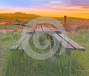 Digital Watercolor Painting, Beautiful twilight picturesque farmland view of Middle Valley, Canterbury, New Zealand. Wooden bench