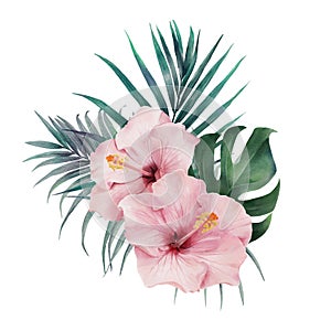 Digital watercolor painting bouquet with Hibiscus flowers, Palm leaves, Monstera Deliciosa Leaf