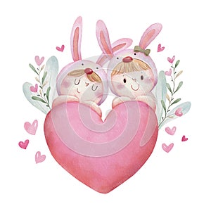 Digital watercolor painting boy and girl in bunny costume behind pink heart shaped