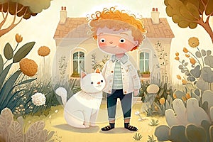 Digital watercolor painting of cartoon boy with white cat playing in the garden of his house