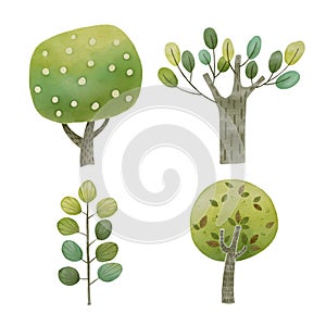 Digital watercolor painting green tree set 1