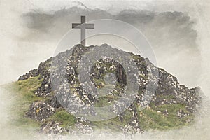 A digital watercolor painting of the Llanddwyn island cross