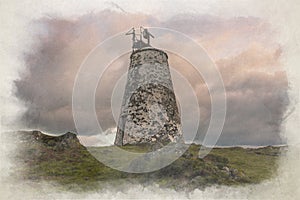 Digital watercolor painting of Llanddwyn island lighthouse, Twr Bach at Ynys Llanddwyn