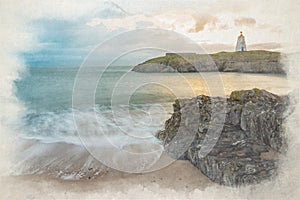 Digital watercolor painting of Llanddwyn island lighthouse, Twr Bach at Ynys Llanddwyn