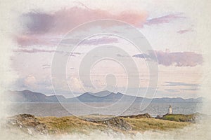 Digital watercolor painting of Llanddwyn island lighthouse, Twr Bach at Ynys Llanddwyn
