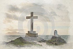 Digital watercolor painting of Llanddwyn island lighthouse, Twr Mawr at Ynys Llanddwyn