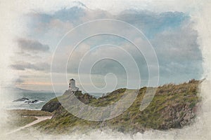 Digital watercolor painting of Llanddwyn island lighthouse, Twr Mawr at Ynys Llanddwyn