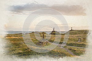 Digital watercolor painting of Llanddwyn island lighthouse, Twr Mawr at Ynys Llanddwyn