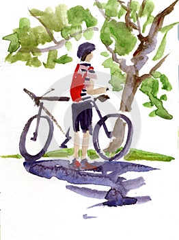 Digital watercolor painting of a man on a bicycle riding on a bike.