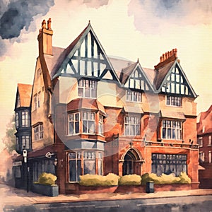 Digital watercolor painting of an old house in London, UK.