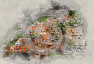 Digital watercolor painting of Positano. Italy