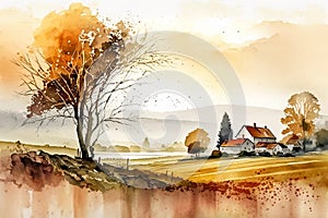 Digital watercolor painting of a rural landscape with a country house and field in autumn