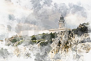 Digital watercolor painting of scenic lighthouse on top of rocky cliff at sunset