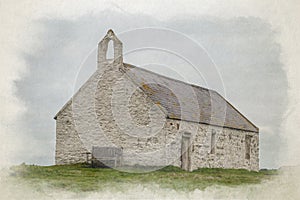 Digital watercolor painting of St Cwyfan`s Church, the church in the sea, Anglesey