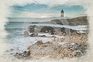 Digital watercolor painting of Trwyn Du lighhouse at Penmon Point