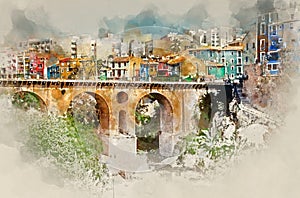 Digital watercolor painting of Villajoyosa / La Vila Joiosa town photo
