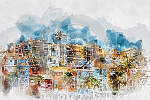 Digital watercolor painting of Villajoyosa skyline. Spain photo