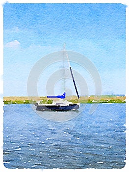 Digital watercolor of a sailboat at anchor