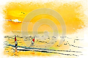 Digital watercolor of windsurfer at sunset