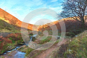 Digital watercolour of an autumnal waterfall and stone packhorse bridge at Three Shires Head in the Peak District.