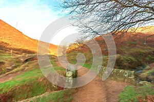 Digital watercolour of an autumnal waterfall and stone packhorse bridge at Three Shires Head in the Peak District.