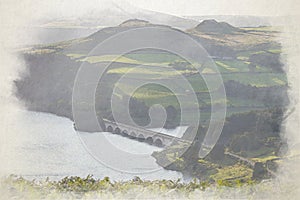 Digital watercolour painting of the Ashopton Viaduct, and Ladybower Reservoir in the Peak District National Park
