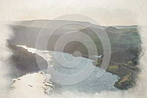 Digital watercolour painting of the Ashopton Viaduct, and Ladybower Reservoir in the Peak District National Park