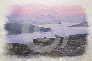 Digital watercolour painting of a Bamford Edge sunrise cloud inversion in the Peak District, UK