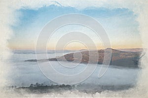 Digital watercolour painting of a Bamford Edge sunrise cloud inversion in the Peak District, UK