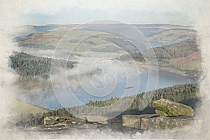 Digital watercolour painting of a Bamford Edge sunrise cloud inversion in the Peak District, UK