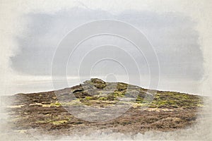 Digital watercolour painting of a bleak winter view of Baldstone, and Gib Torr in the Peak District National Park