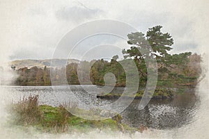A digital watercolour painting of Tarn Hows in the English Lake District with views of Yewdale Crag, and Holme Fell