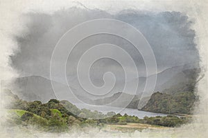 A digital watercolour painting of a weather front moving through Nant Gwynant in the Eryri National Park photo
