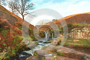 Digital watercolour of an autumnal waterfall and stone packhorse bridge at Three Shires Head in the Peak District.