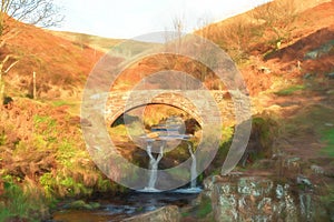 Digital watercolour of an autumnal waterfall and stone packhorse bridge at Three Shires Head in the Peak District.