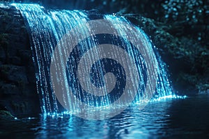 Digital Waterfall Cascading Data Streams at Night