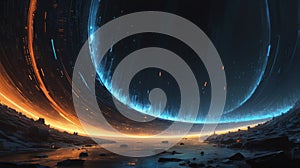 Digital Wave: An abstract wave of binary code, pixels, and geometric shapes, illustrating the flow of digital information and