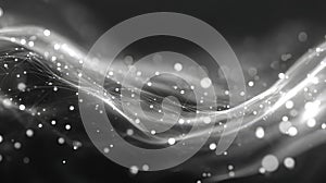 Digital wave connecting network data particles on black background