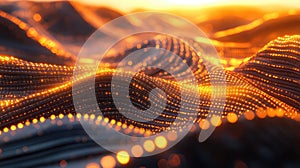 Digital wave flowing with glowing data particles in abstract network