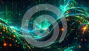 Digital wave with glowing particles and binary code on dark background